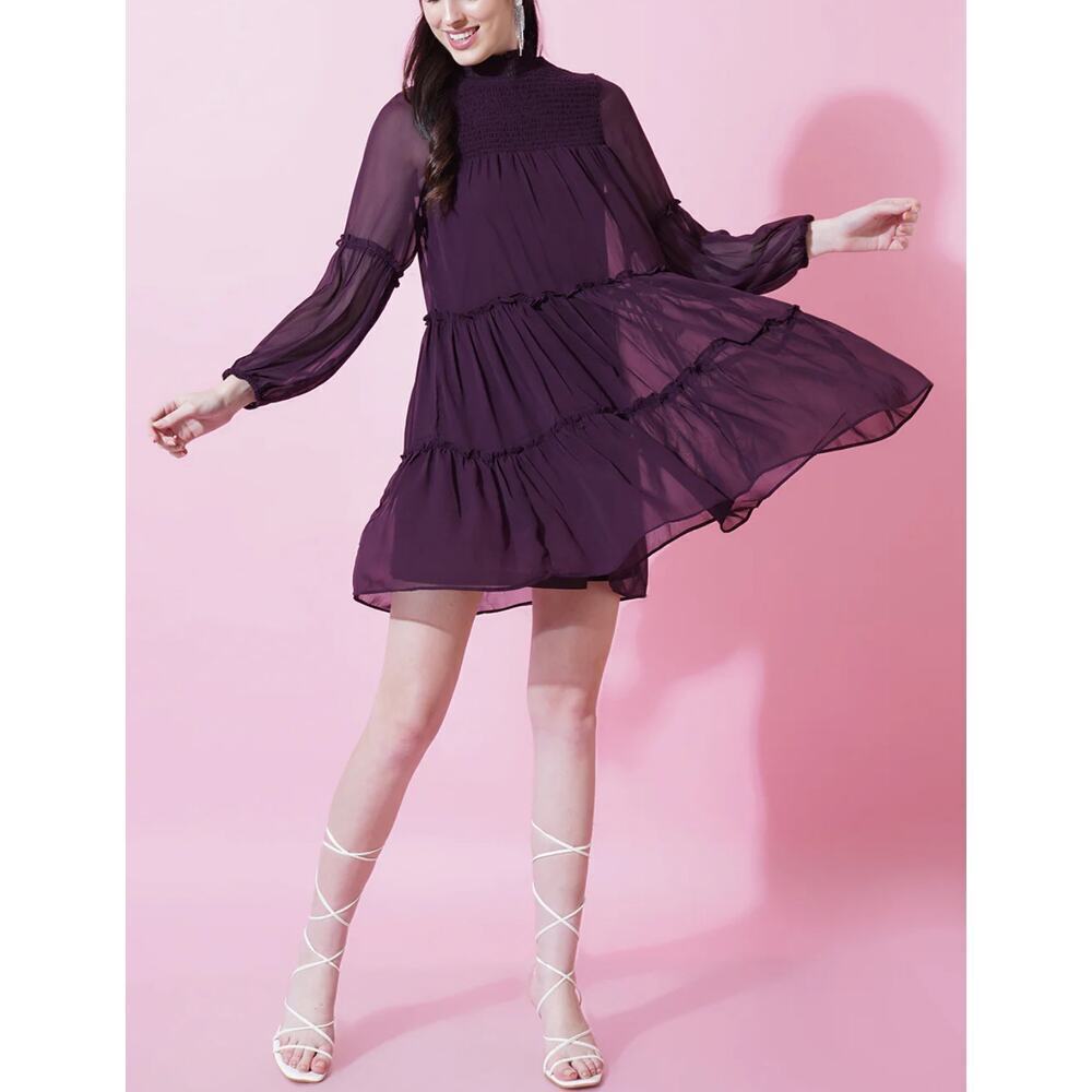 Maison Tara Women's Smocked Tiered Shift Dress Purple Size 4